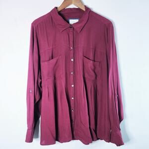Style And Co Womens Dark Red Button Up Roll Tab Sleeve Blouse Size 3X Minimalist